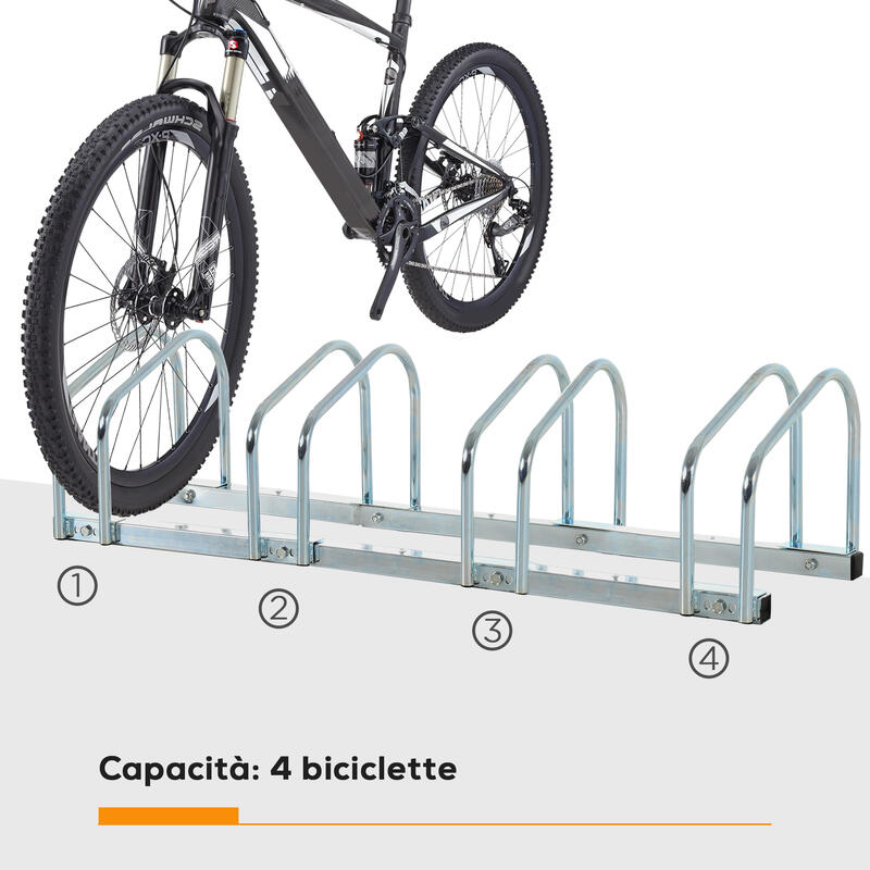 HOMCOM Rastrelliera Portabiciclette per 4 Biciclette110x33x27 cm, Argento