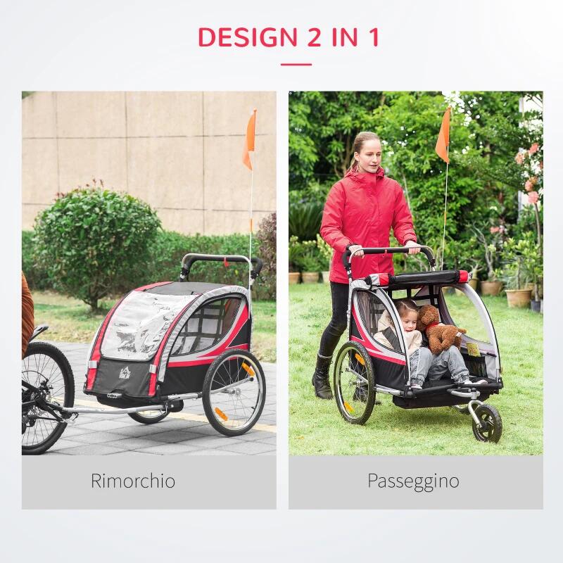 HOMCOM Rimorchio Bici per Bambini Passeggino, Design 2 in 1, 116-142x75x101cm 4/5