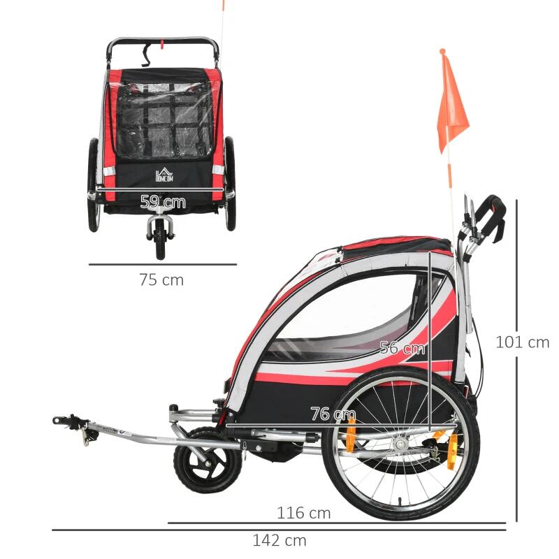 HOMCOM Rimorchio Bici per Bambini Passeggino, Design 2 in 1, 116-142x75x101cm 3/5