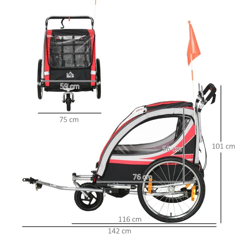 HOMCOM Rimorchio Bici per Bambini Passeggino, Design 2 in 1, 116-142x75x101cm