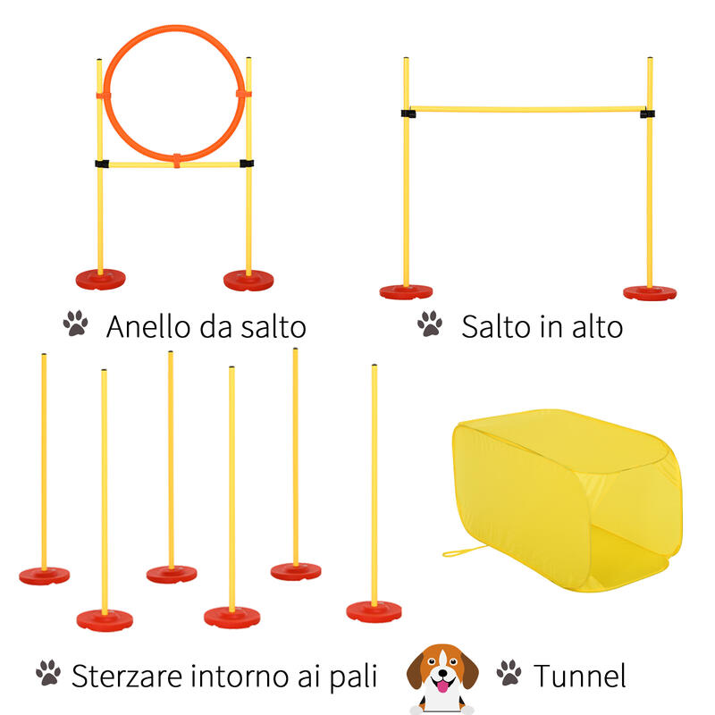 PawHut Set Agility Dog con Ostacoli Regolabili, Slalom e Tunnel