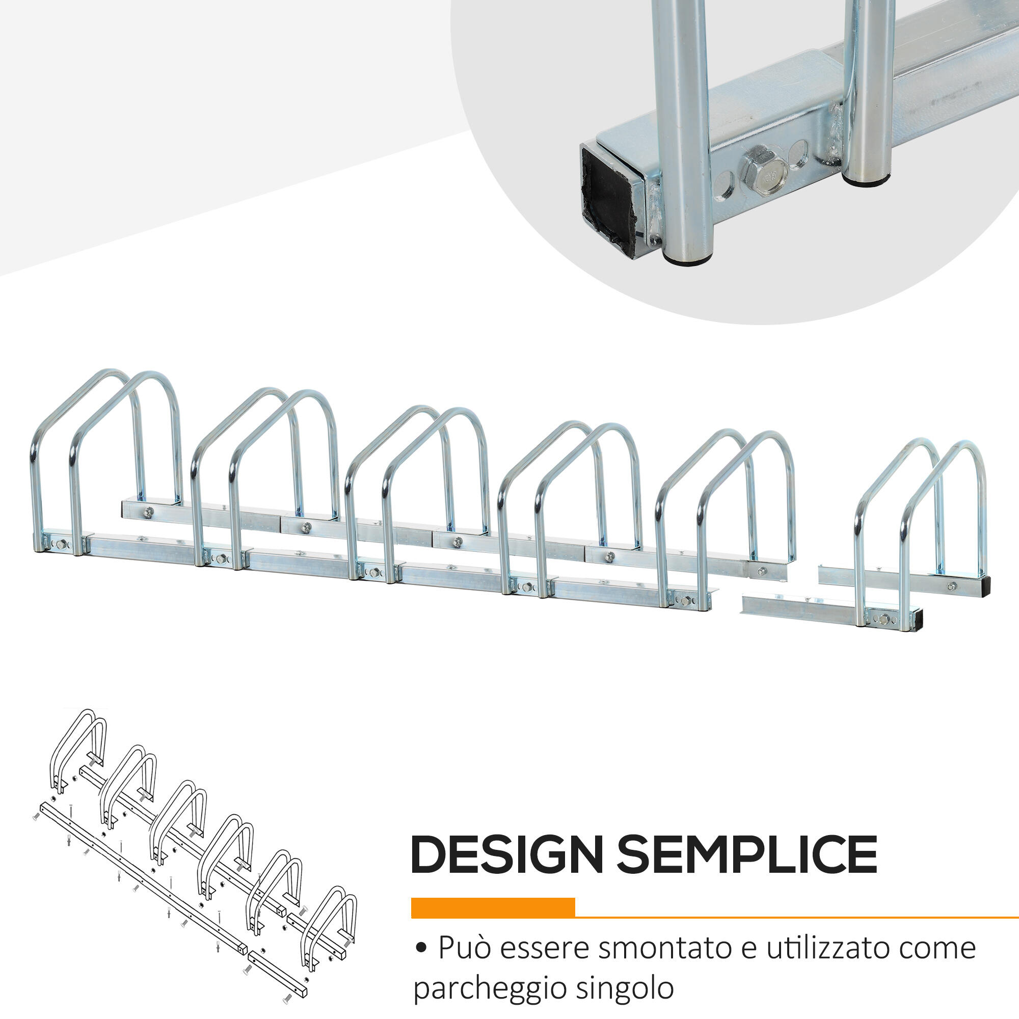 HOMCOM Rastrelliera Portabiciclette per 6 Biciclette, 179x33x27 cm, Argento 5/5