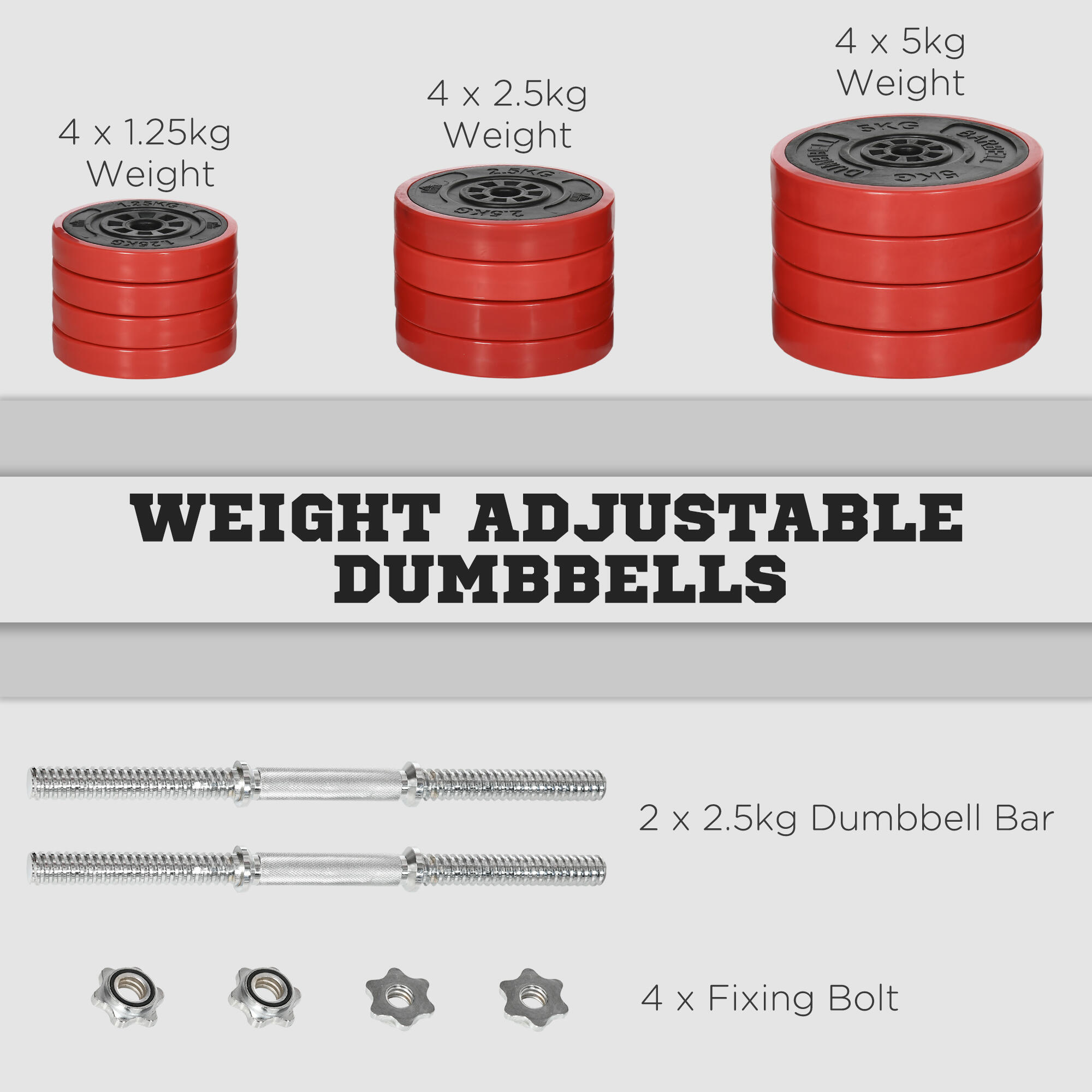 HOMCOM Set Manubri Palestra con Pesi da 40kg rivestiti in Gomma, Rosso 3/5