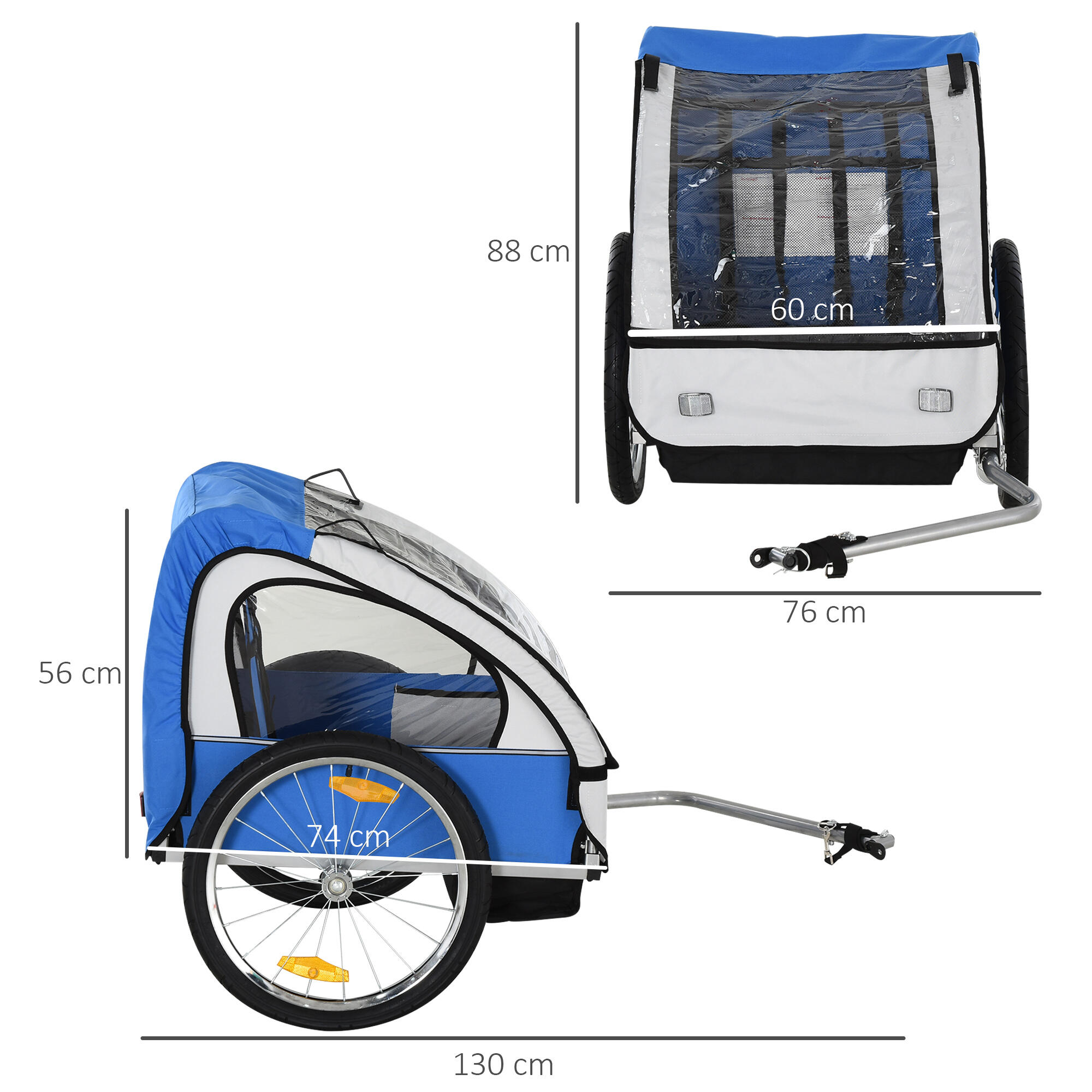 HOMCOM Rimorchio Bici Bambini 2 Posti con Cinture di Sicurezza, Blu 3/5
