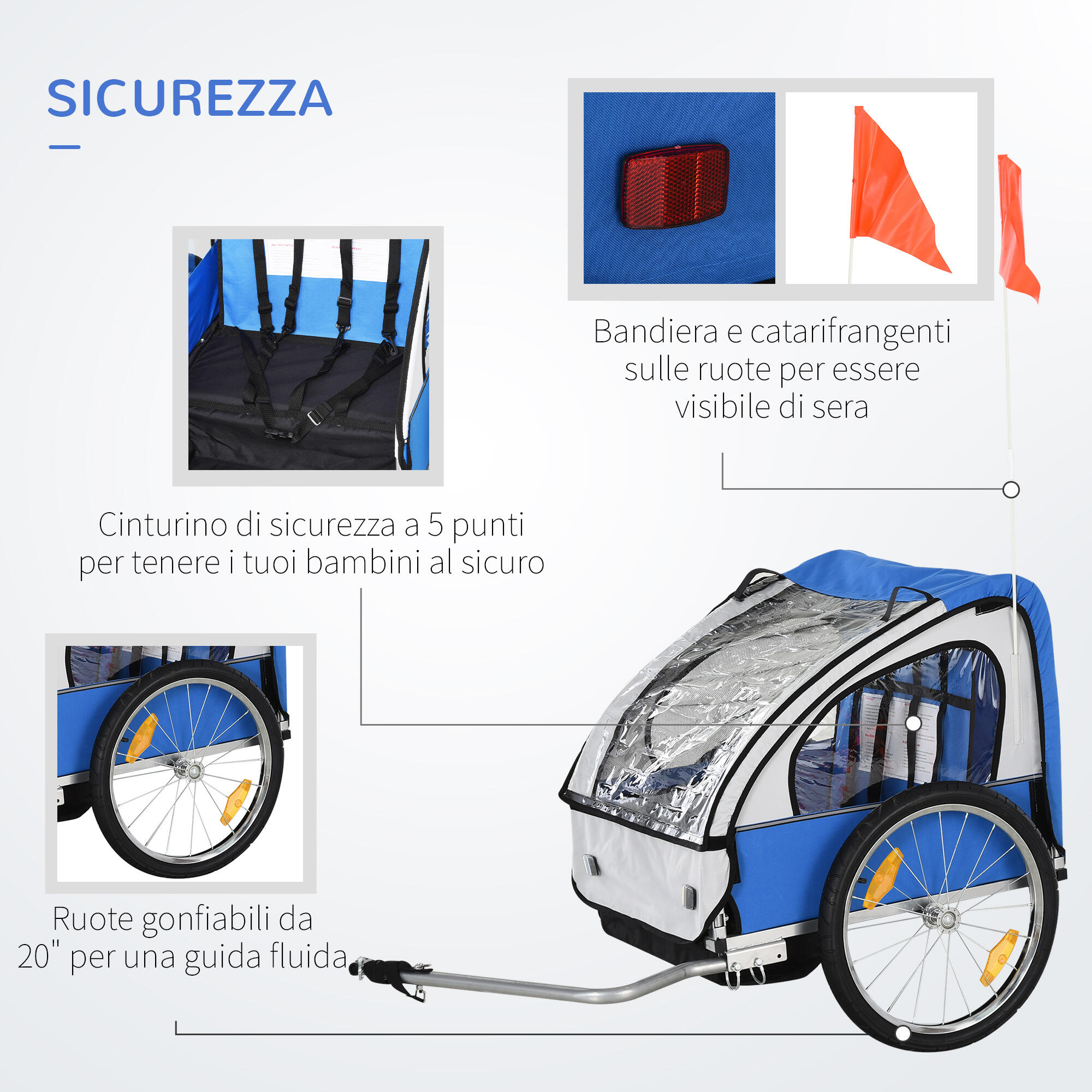 HOMCOM Rimorchio Bici Bambini 2 Posti con Cinture di Sicurezza, Blu 5/5