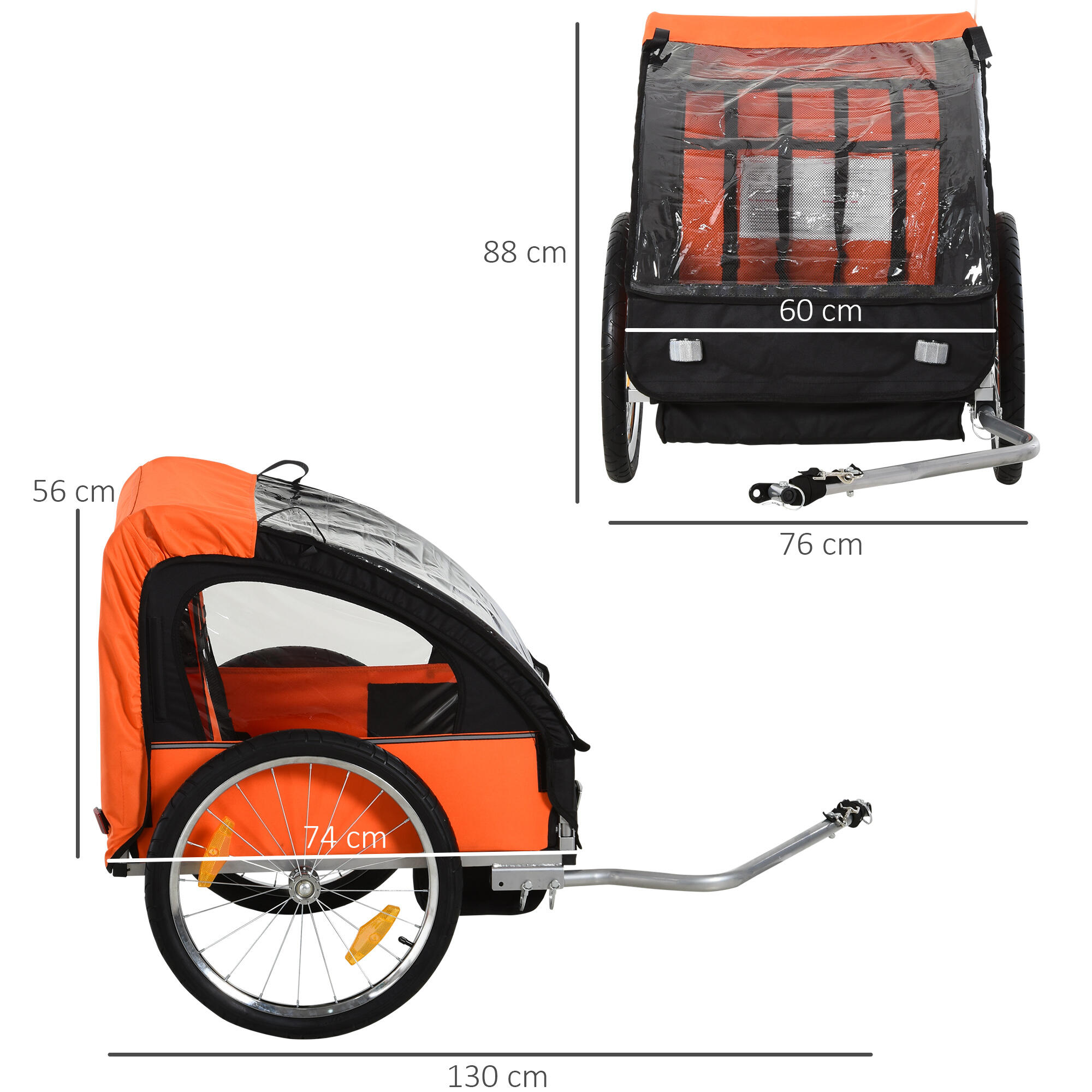HOMCOM Rimorchio Bici Bambini 2 Posti con Cinture di Sicurezza, Arancione 3/6