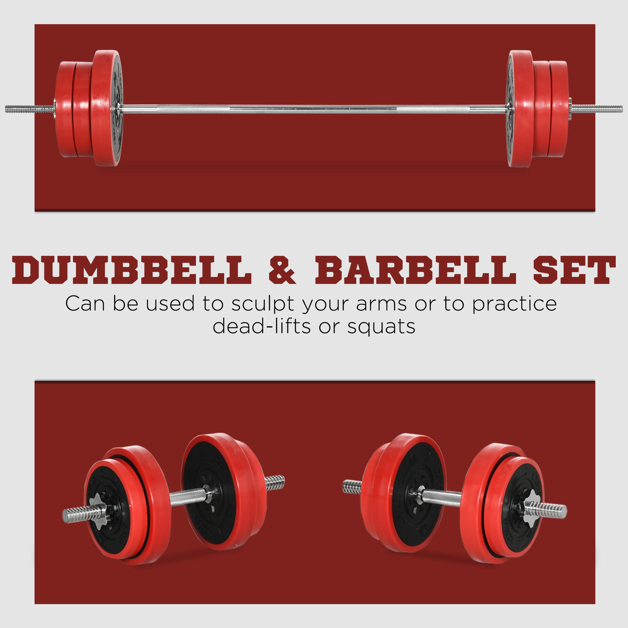 HOMCOM Set Bilanciere e Dischi 65kg totali per Workout in Casa, Rosso 3/5