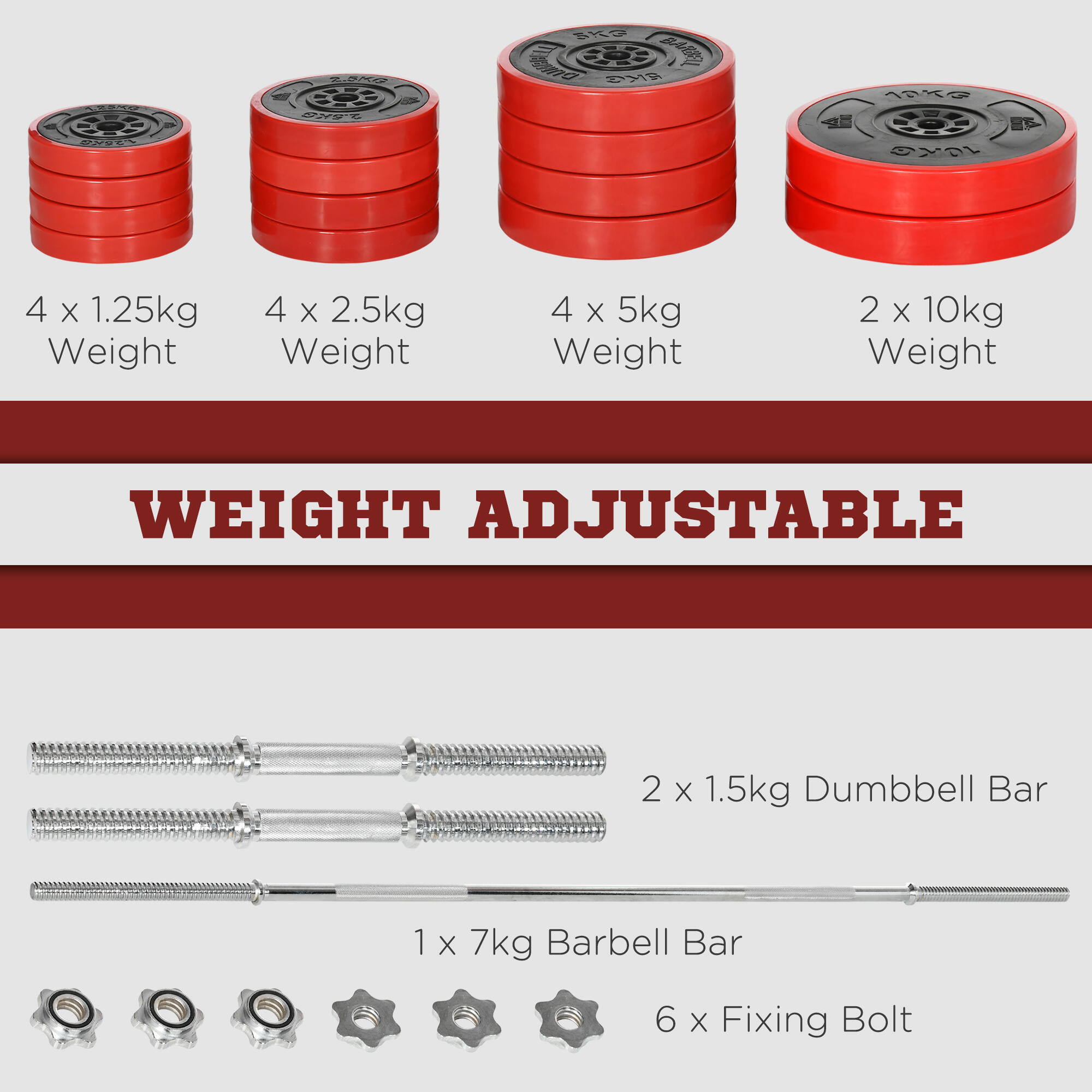 HOMCOM Set Bilanciere e Dischi 65kg totali per Workout in Casa, Rosso 4/5