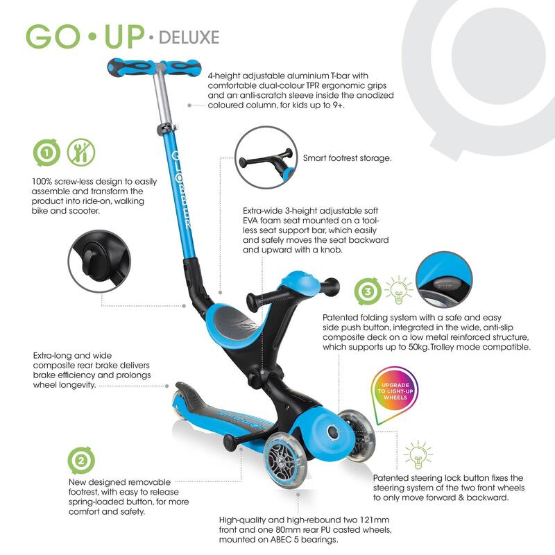 Go Up Deluxe Lights Kid's 3-in-1 Scooter - Sky Blue