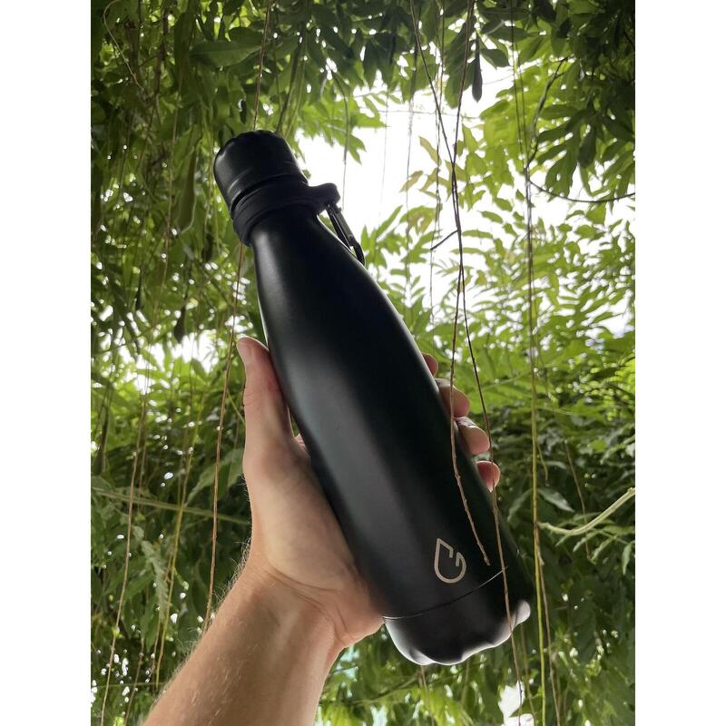 Luxe design eco RVS waterfles zwart 500 ml - extra dop met rietje en carrier