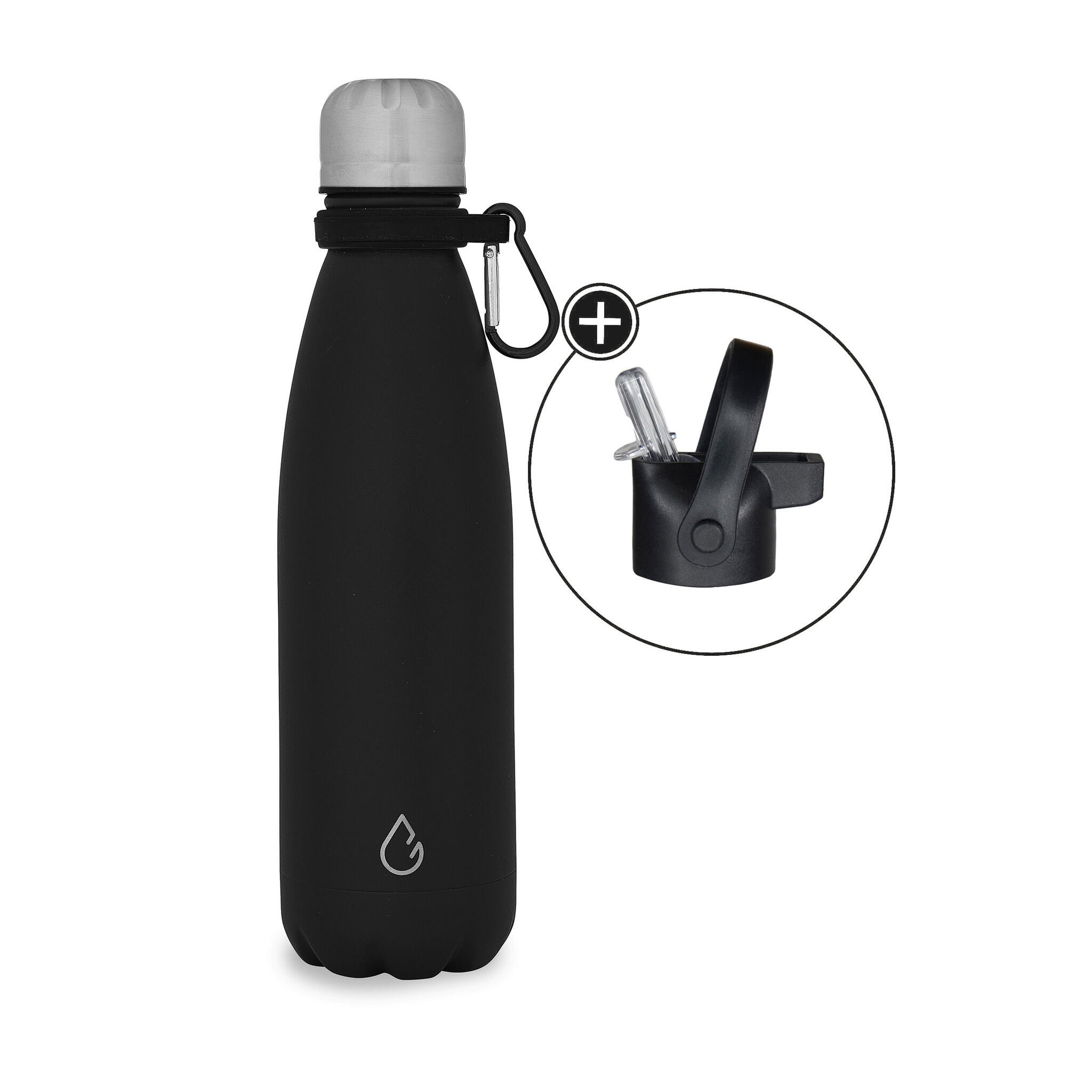 WATTAMULA Design waterfles RVS zwart 500 ml - dop met rietje