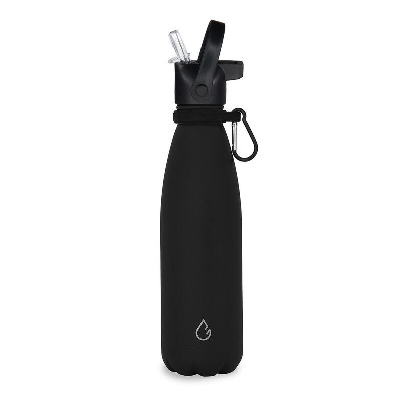 Design eco RVS waterfles zwart 500 ml - extra dop met rietje en carrier