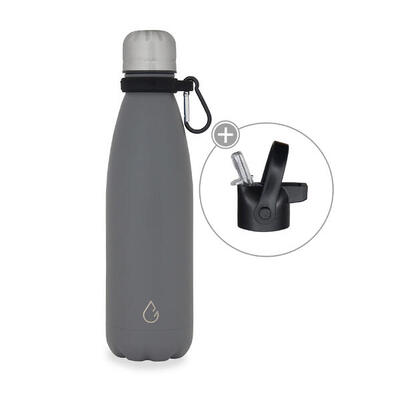 Flow waterfles rvs donkergrijs 500 ml - dop met rietje