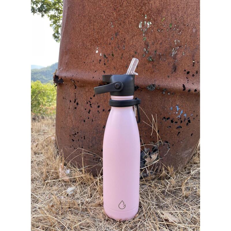 Design eco RVS waterfles pastel roze 500 ml - extra dop met rietje en carrier