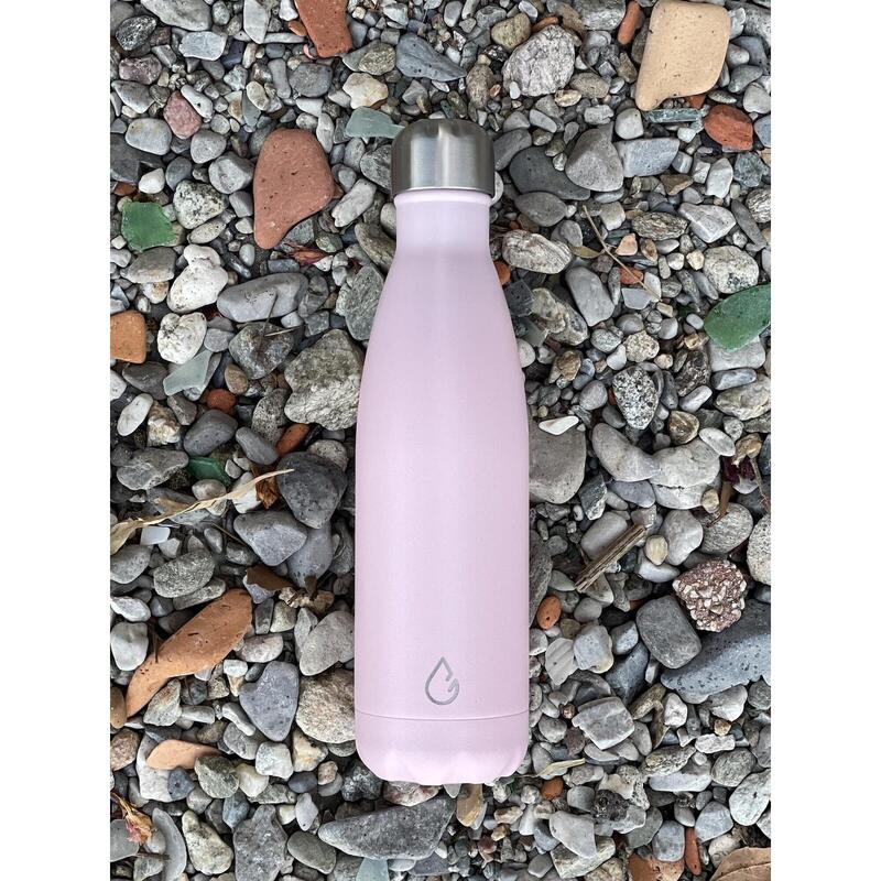 Design eco RVS waterfles pastel roze 500 ml - extra dop met rietje en carrier