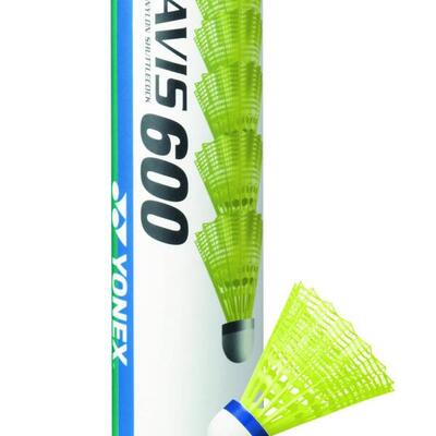 Koker met 6 yonex mavis 600-badmintonshuttles. kleur: geel