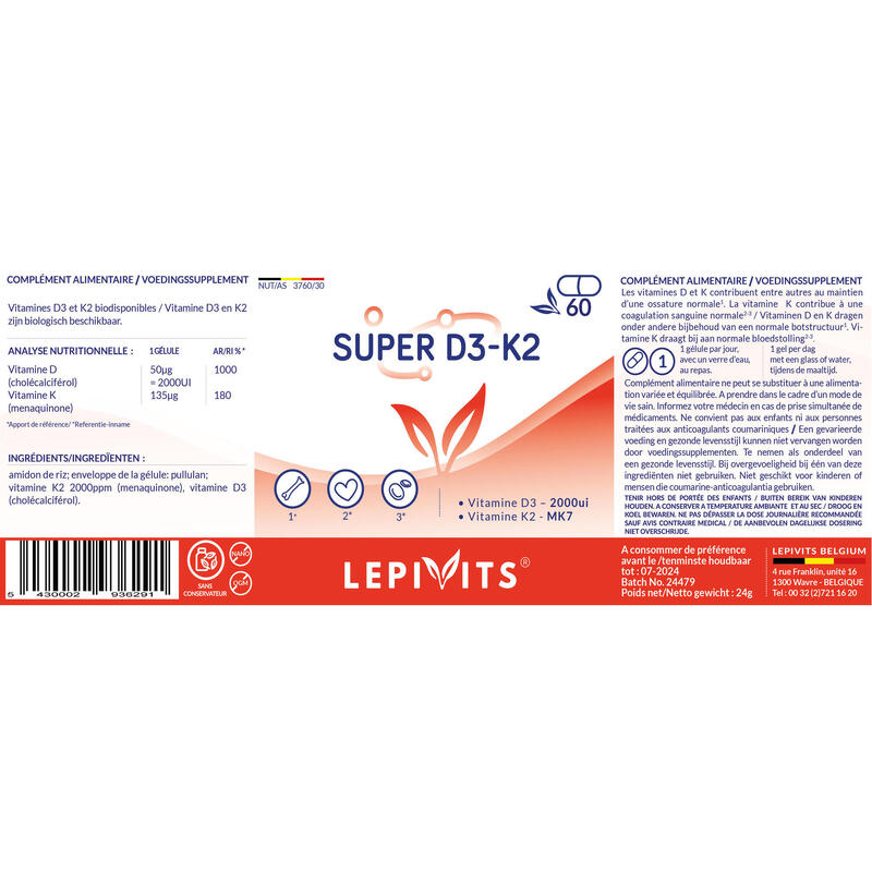 Super D3 + K2 - Vitamine D3 2000UI + MK7 (Menaquinone) - 90 gélules vegan