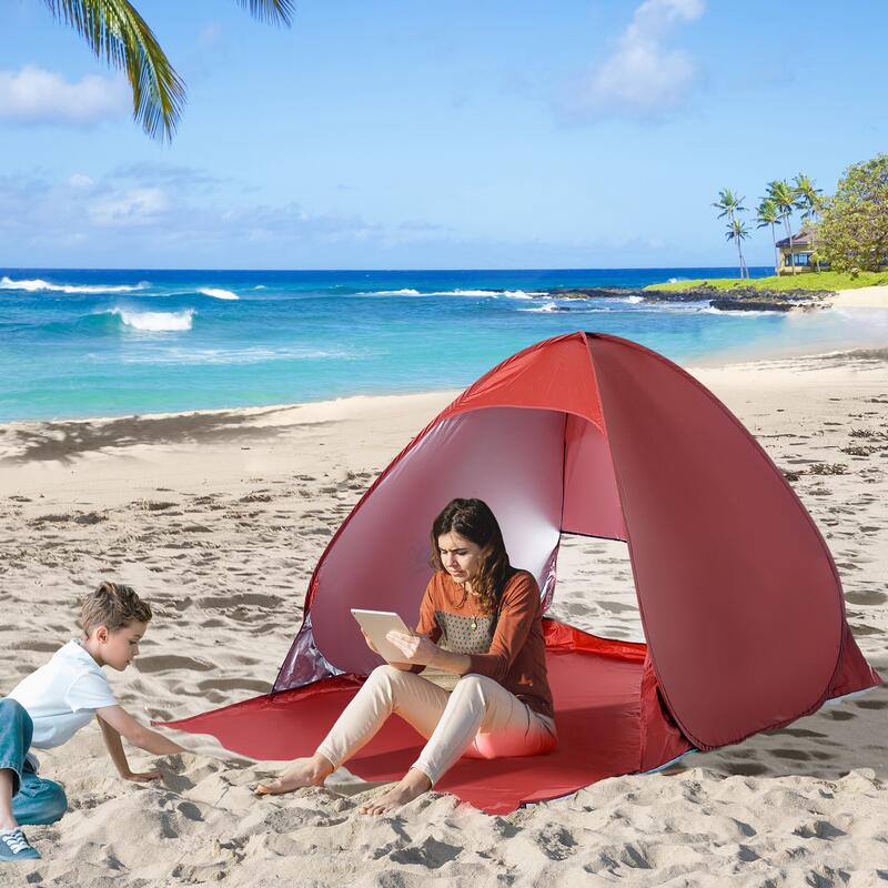 Abrigo solar de praia Portátil com Proteção UV outsunny 150x500x115cm vermelho