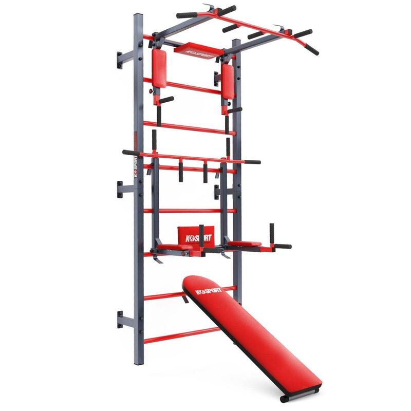 Jeu multifonctionnel : espalier de gym, barre de traction à dips et banc