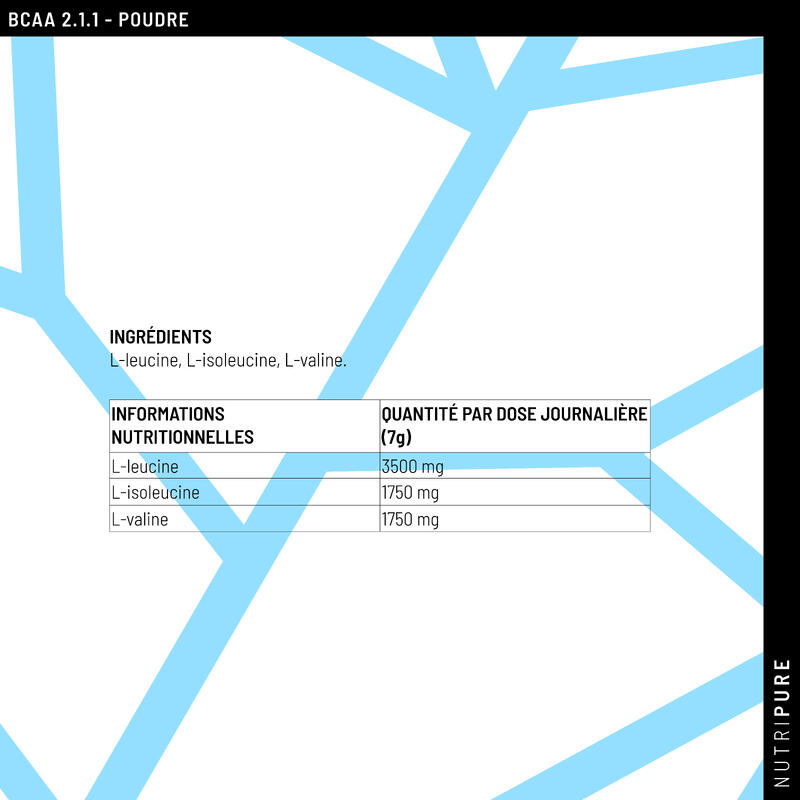BCAA 2.1.1 Vegan 100% pur - Acide Aminé, Musculation, Endurance - 220g poudre