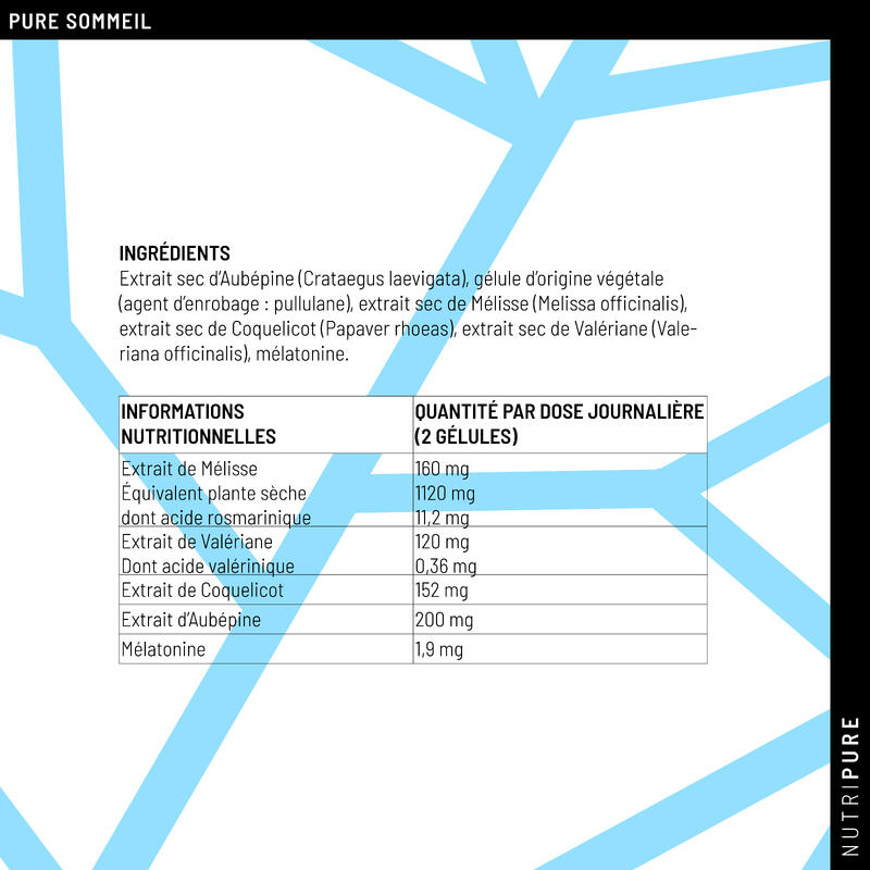 Pure Sommeil 1,9mg - Mélatonine, Mélisse Bio et Valériane - Jet Lag - 60 gélules