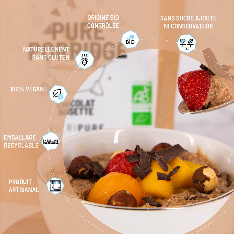 Pure Porridge Bio - Choco-Noisette - 8 Ingrédients - Fibres, Protéines, 350gr