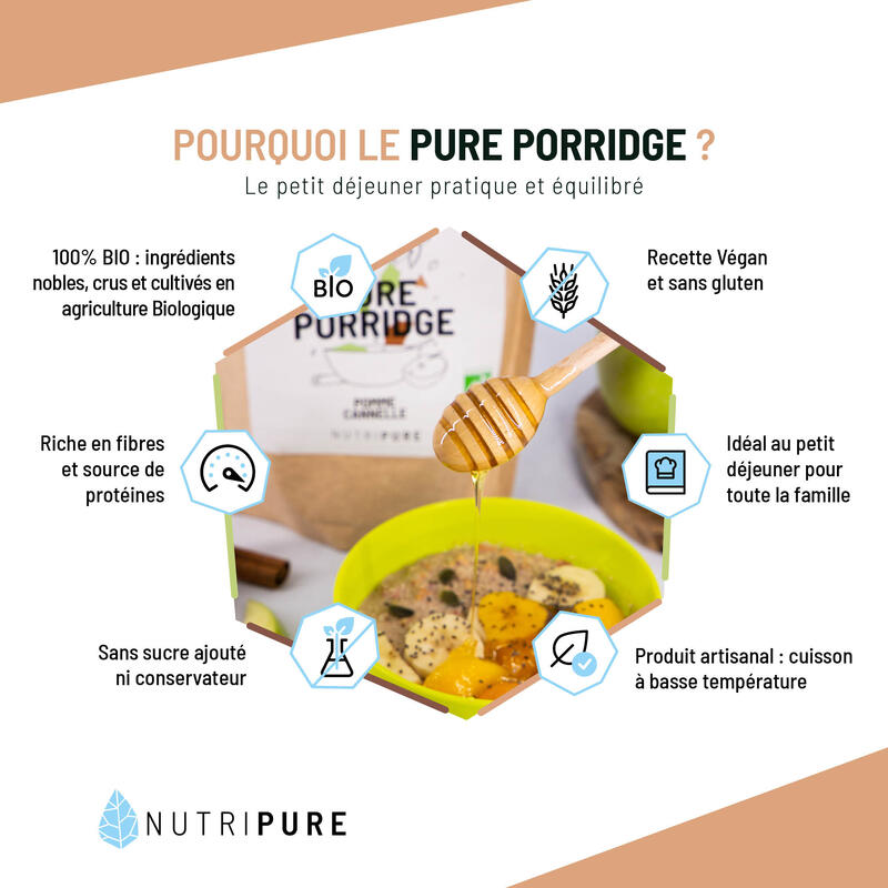 Pure Porridge Bio - Pomme-Cannelle - 7 Ingrédients - Fibres, Protéines, 350gr
