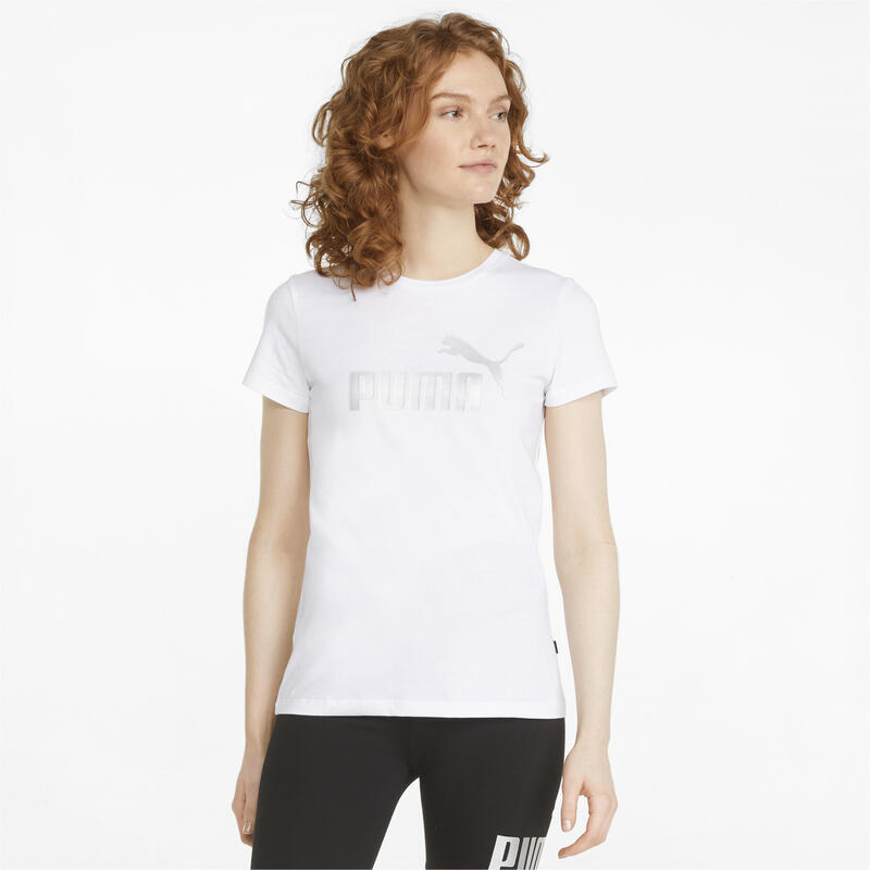 Essentials+ Metallic Logo T-Shirt Damen PUMA White Silver Metallic