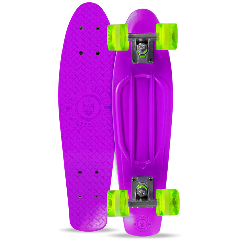 MADD GEAR SKINS 70’s RETRO CRUISER / MINI SKATEBOARD – PURPLE/LIME 1/4