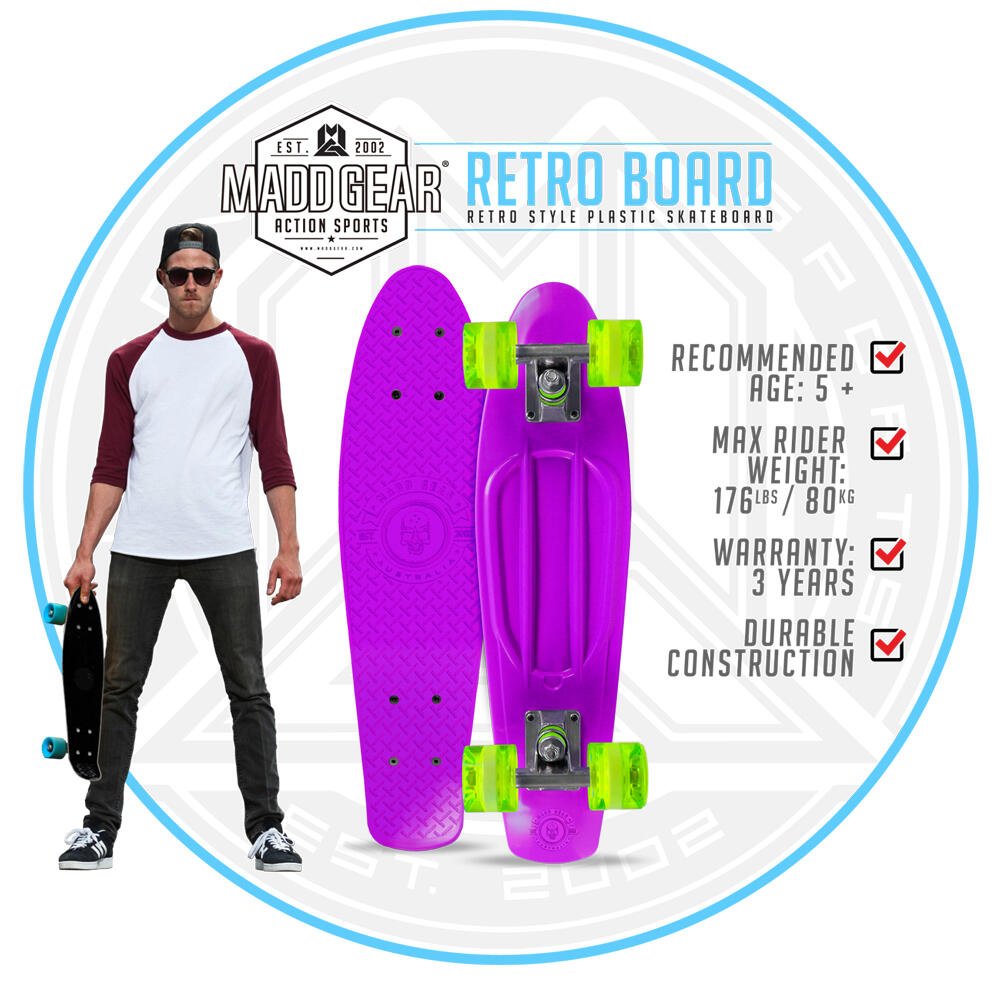 MADD GEAR SKINS 70’s RETRO CRUISER / MINI SKATEBOARD – PURPLE/LIME 4/4