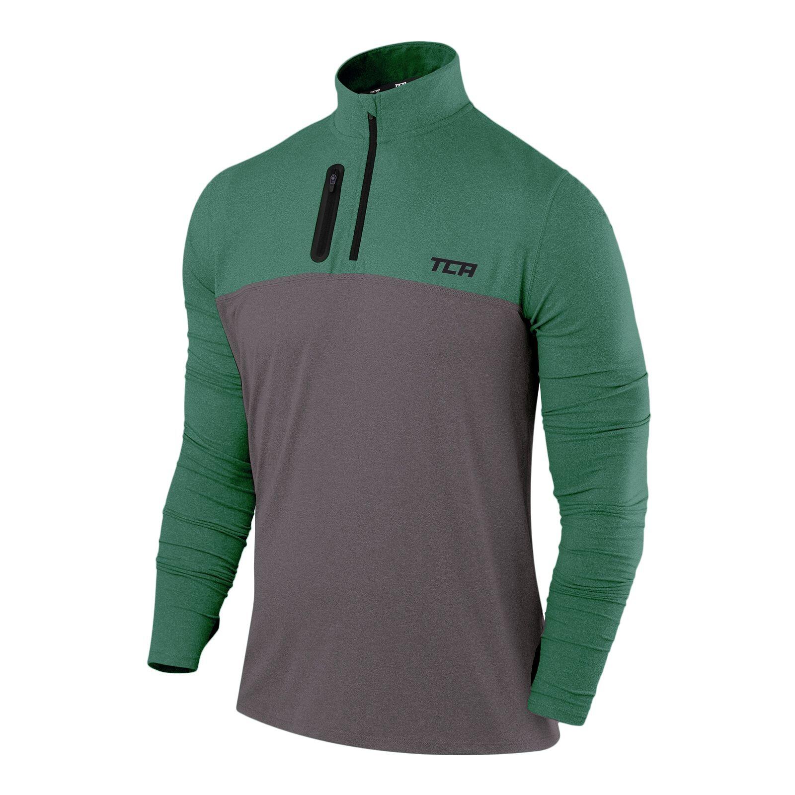 TCA Men's Fusion Long Sleeve Half Zip Running Gym Top - Grey/Green