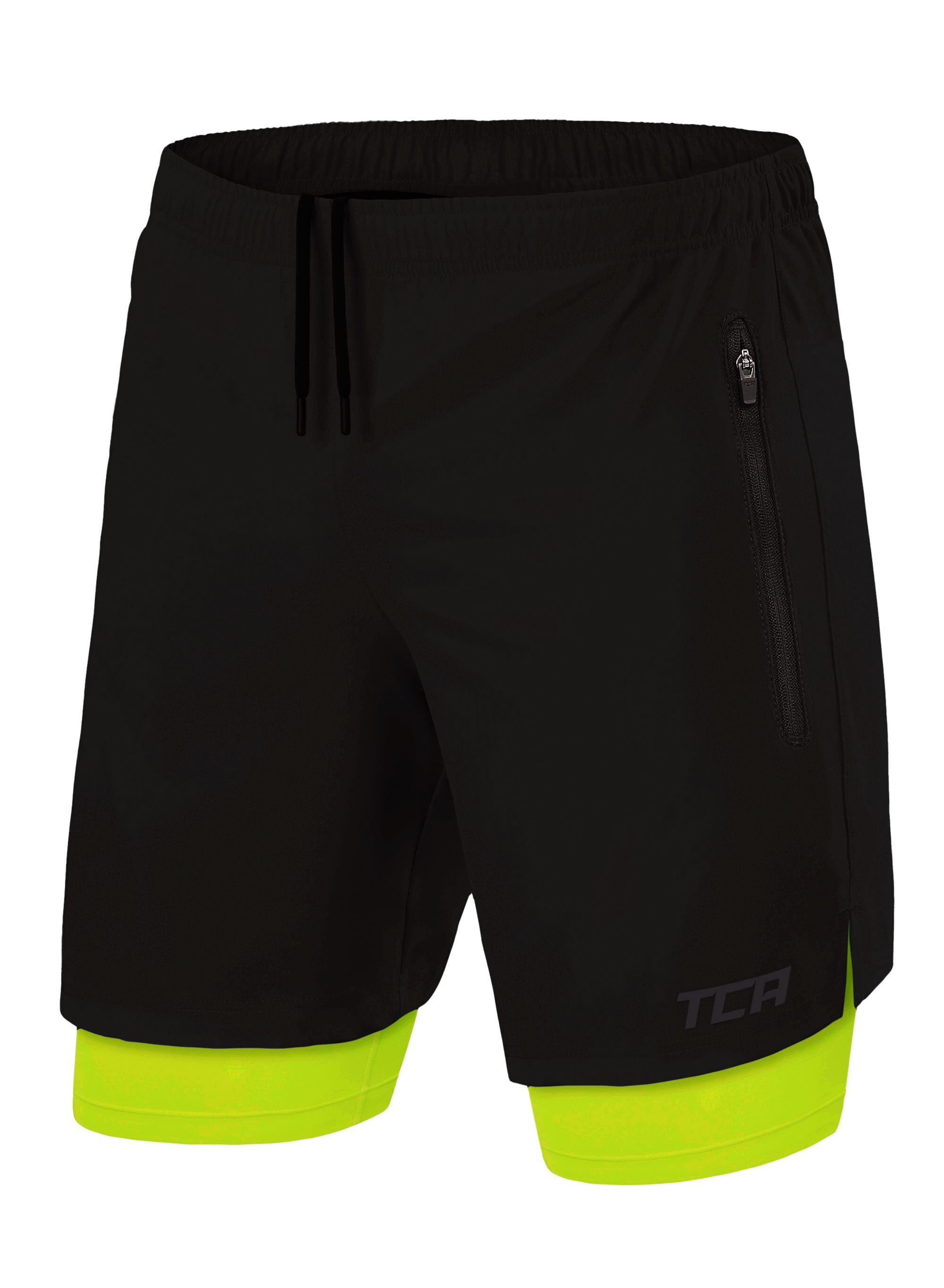 TCA Men's Ultra 2-in-1 Running Shorts with Zip Pockets - Black/Lime Punch