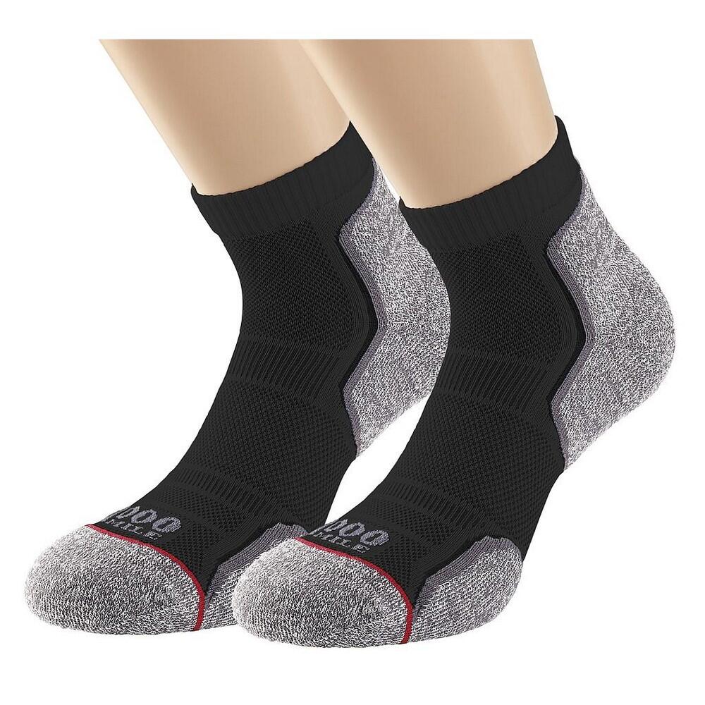 1000 MILE Mens Recycled Running Ankle Socks (Pack of 2) (Black/Grey)