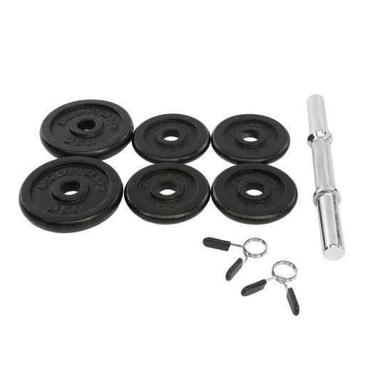 Set para mancuernas 10kg. 6 pesas. 1 barra corta y 2 abrazaderas Bodytone