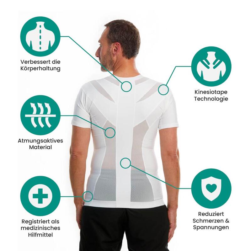 Haltungsshirt Zipper Herren –Weiß | Haltungskorrektur Haltungstrainer Rückengurt