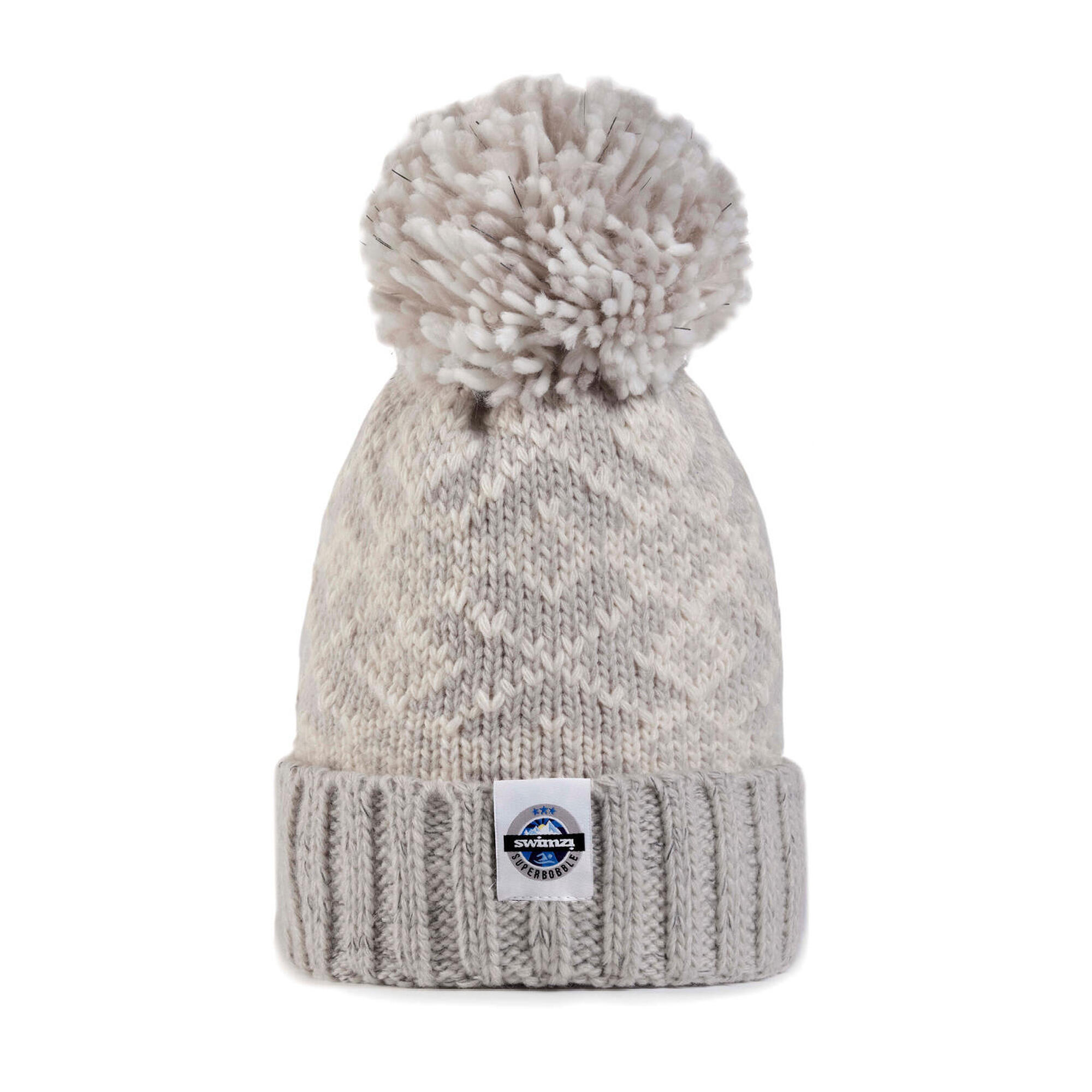 Silver Grey and White Nordic Knit Super Bobble Hat 1/2