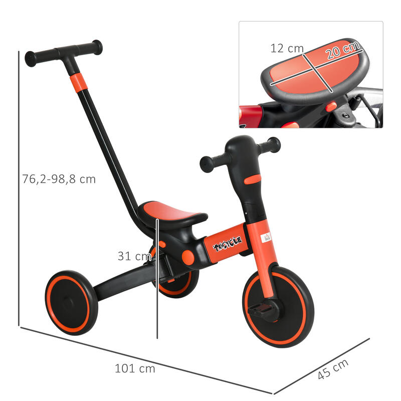 Triciclo Criança HOMCOM 101x45x76,2-98,8cm Vermelho