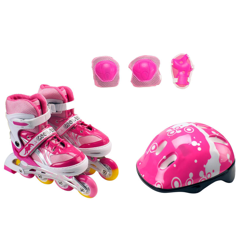 Set de role Pinky cu casca si protectii in rucsac, marimea M (35-38), roz