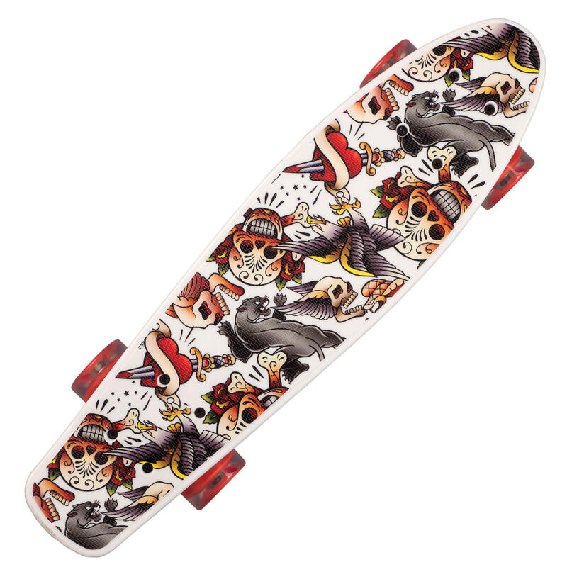 Penny Board cu roti luminoase, 56 cm, PU, Aluminium, 90 KG Happy Skull