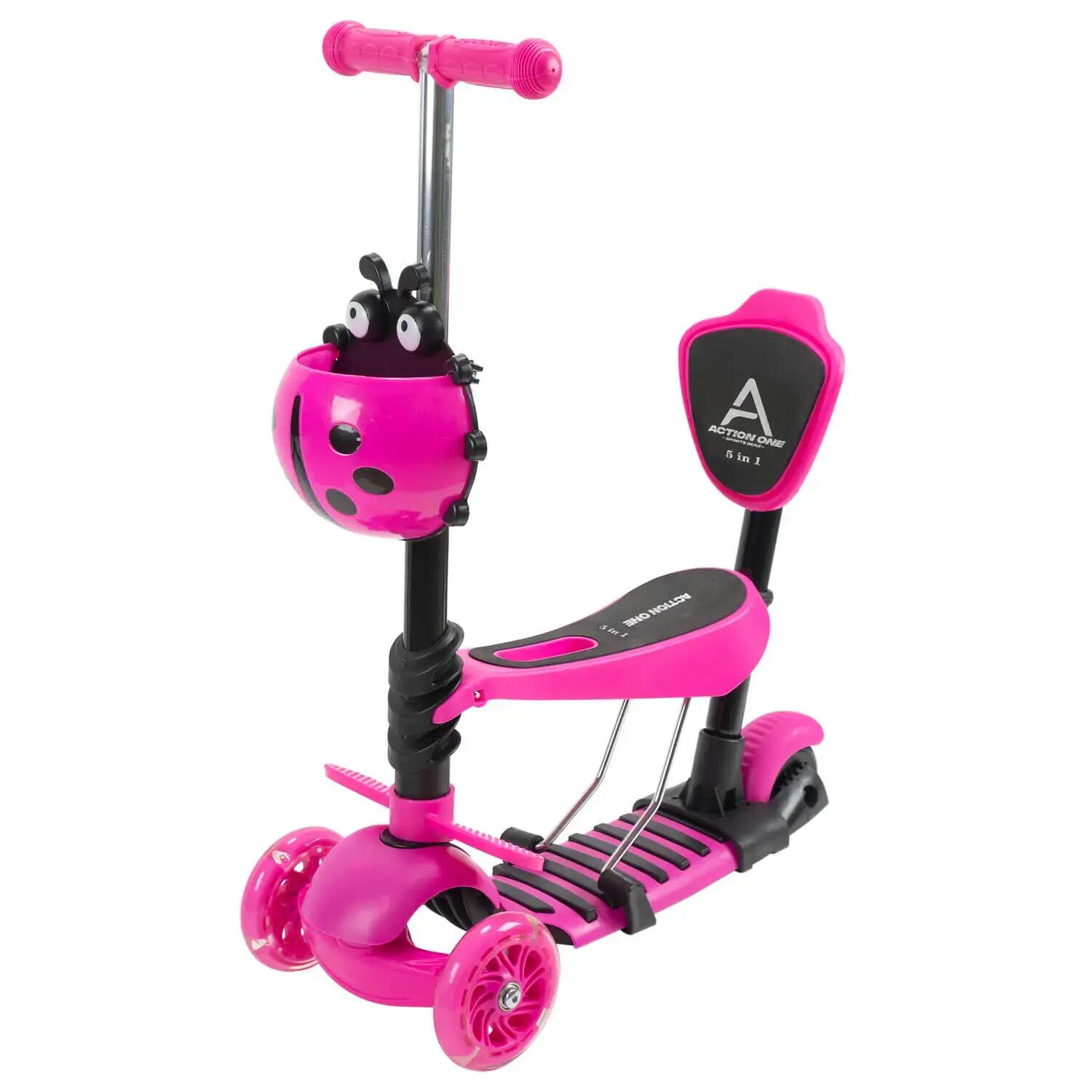 Trotineta 5 in 1, Smart Kid  cu roti luminoase, Roz 2/5