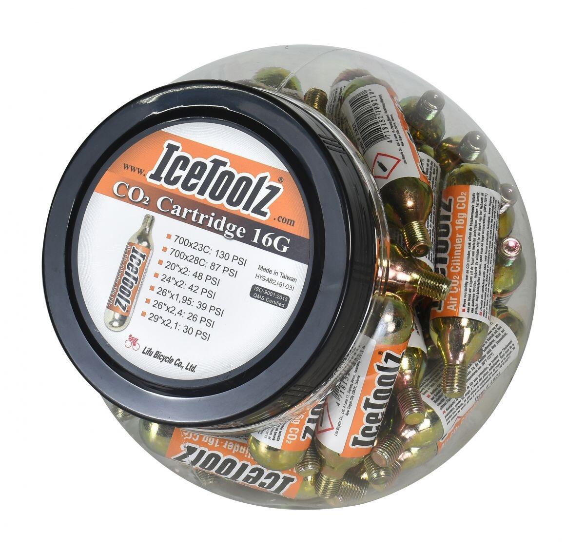Cartouches de CO2 IceToolz 16g avec filetage A821 (pot de 50) 3/4