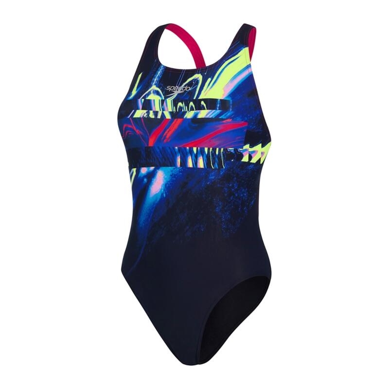 Speedo Placement Digital Powerback Swimsuit - Black/ Magenta/ Blue/ Yellow