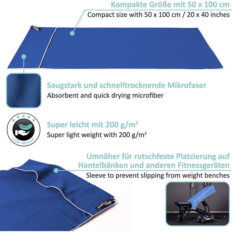 Mikrofaser Fitness-Handtuch, schnell-trocknend und geruchshemmend in grau & blau