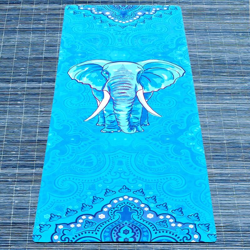 Tapis de yoga caoutchouc-microfibre 5mmx68cmx1,83m - Eléphant bleu +Sac de yoga