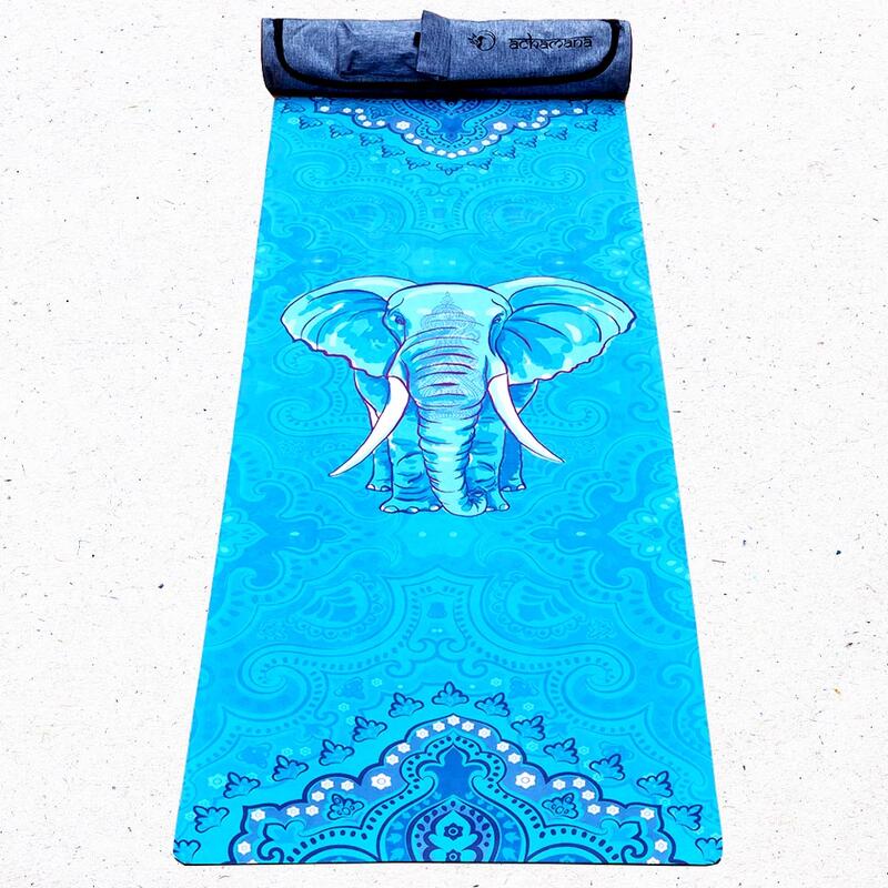 Tapete ioga de borracha-microfibra 5mmx68cmx1,83m - Elefante azul + Saco de ioga