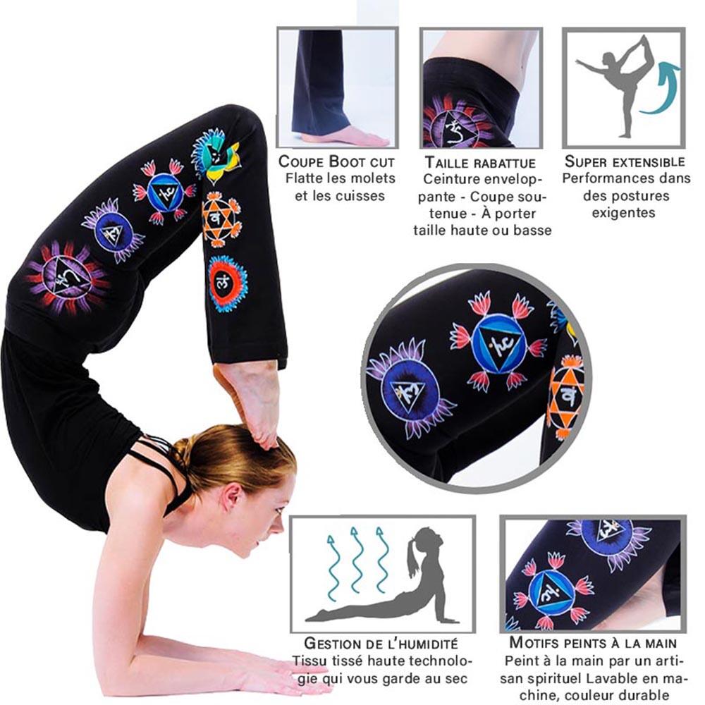 Pantalon de yoga femme - bootcut - 7 chakras peint à la main - noir 2/5