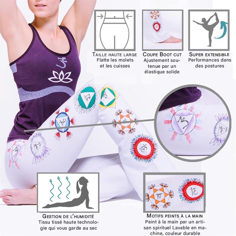 Pantalon de yoga femme - bootcut - 7 chakras peint à la main - Kundalini - Blanc 2/6