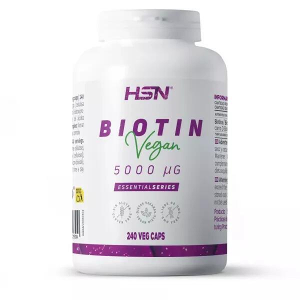 Biotina 5000mcg Hsn vitamina para el crecimiento del cabello evita pelo fortalecimiento uñas y piel tensa suave vegano sin gluten lactosa 120 vegetales complemento 240