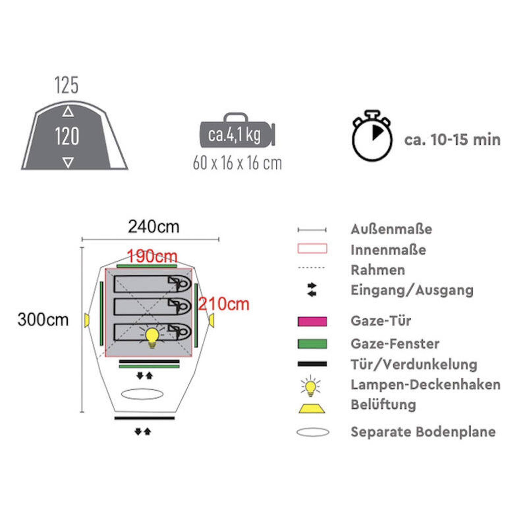 Tenda a cupola TAMBU GAMBUJA 3 | Tenda da campeggio per 3 persone | Grigio / Blu