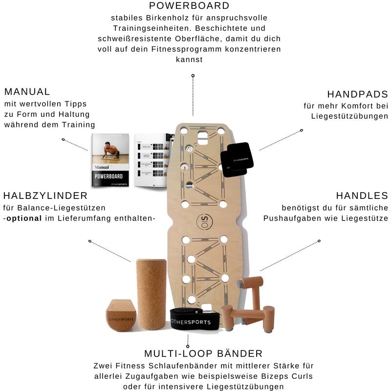 Liegestütze Brett Pro aus Echtholz mit Korkhalbrolle und Schlaufenbändern